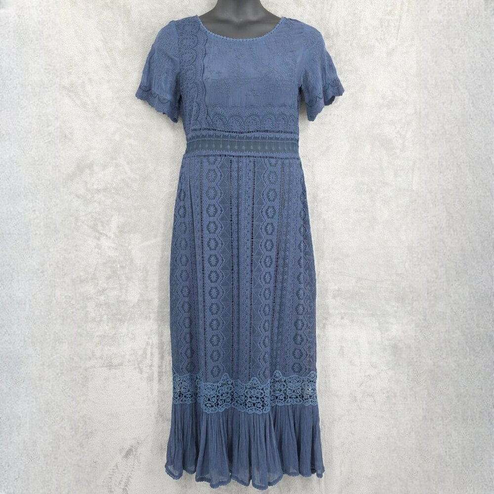 Sundance Smoke and Lace Maxi Dress 8 Blue Feminine Gauzy Boho Floral Embroidered